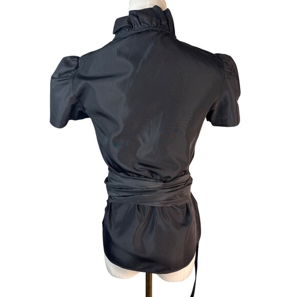 ZARA Black XS Ruffle Neck Wrap Top With Puff Sleeves & Side Sash Tie - Picture 3 of 16